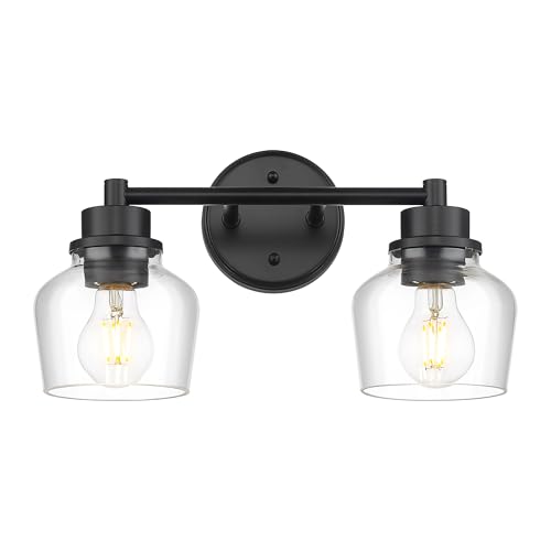 Emak Modern Black Bathroom Lights, Farmhouse Vanity Lighting Fixtures with Clear Glass Shade, 2-Light Vanity Lights for Bathroom, Makeup Desk, Mirror, VL122-BK-CG-2 - color: Black & Clear Glass, size: 2 Light