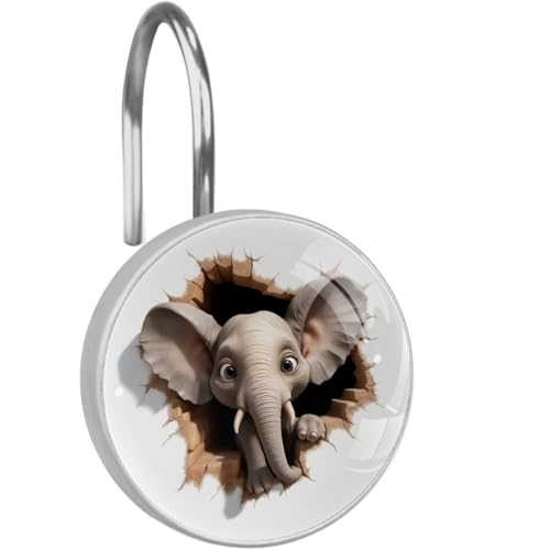 Crystal Glass Shower Curtain Hooks Set of 12, Rustproof Shower Curtain Rings for Bathroom, Funny Elephant Decorative Shower Curtain Hangers for Shower Curtain Rod, Bedroom - color: Funny Elephant