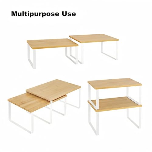 NEX Bamboo Kitchen Cabinet and Counter Shelf Organizer, Stackable & Expandable, Set of 4, White and Natural | Stackable & Expandable Spice Rack, Space-Saving Pantry Organizers Bathroom Countertop Storage, White and Natural - color: Cloud White + Natural B