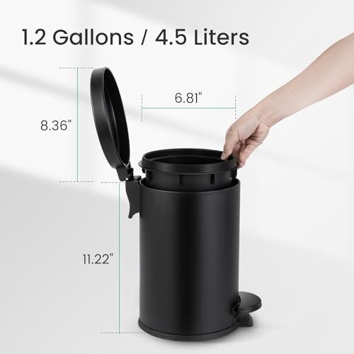 Cesun Small Round Bathroom Trash Can with Lid Soft Close, 1.2 Gal, Black | Removable Inner Bucket, Stainless Steel Garbage Can for Bedroom/Office, Hands-Free Step Pedal, Fingerprint-Resistant - color: Matte Black