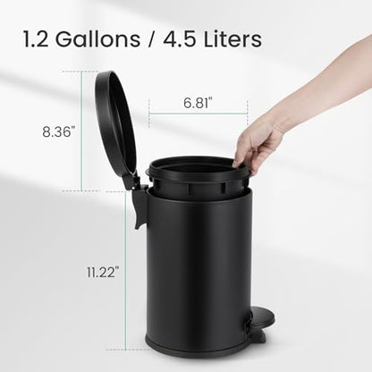 Cesun Small Round Bathroom Trash Can with Lid Soft Close, 1.2 Gal, Black | Removable Inner Bucket, Stainless Steel Garbage Can for Bedroom/Office, Hands-Free Step Pedal, Fingerprint-Resistant - color: Matte Black