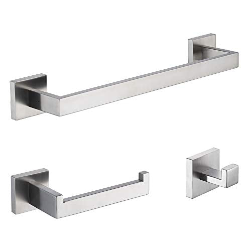 TASTOS 3-Piece Bathroom Hardware Set Brushed Nickel Wall Mounted Bathroom Accessory Set, Premium Stainless Steel Robe Hook Toilet Paper Holder 16-Inch Towel Bar (Silver) - color: Brushed