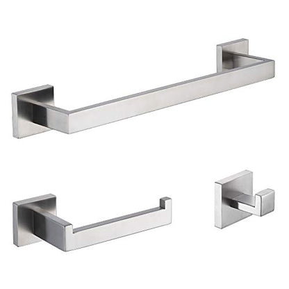 TASTOS 3-Piece Bathroom Hardware Set Brushed Nickel Wall Mounted Bathroom Accessory Set, Premium Stainless Steel Robe Hook Toilet Paper Holder 16-Inch Towel Bar (Silver) - color: Brushed