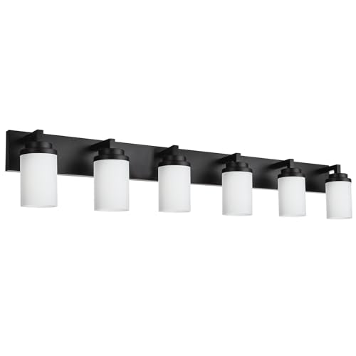 TODOLUZ Matte Black Bathroom Light Fixtures, 6-Lights Vanity Lighting Over Mirror with Opal White Glass Shades, Farmhouse Wall Lamp E26 Bulb Base - color: Black, size: 6-Lights
