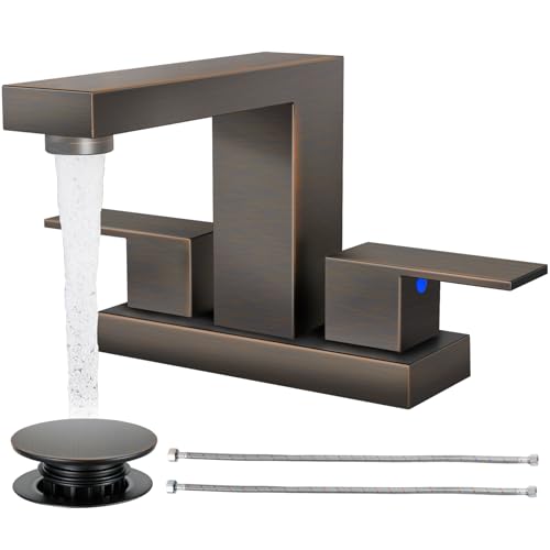 Cobbe Bathroom Faucets for Sink 3 Hole, Oil Rubbed Bronze Bathroom Sink Faucet Square 4 Inch Centerset with Pop-Up Drain, 2 Handle and 2 Supply Hoses, Lead-Free Stainless Steel for Vanity Rv - color: Oil Rubbed Bronze-2, size: 4 Inch Centerset