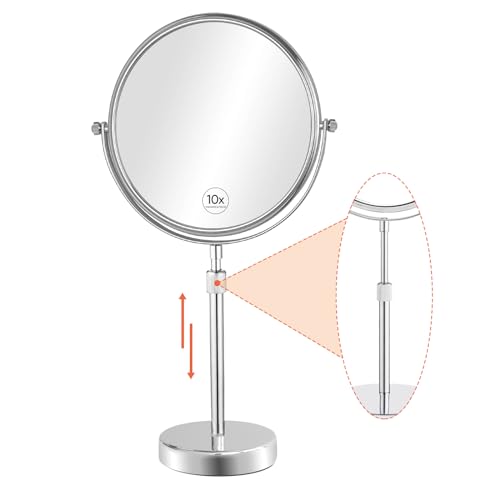 Nicesail 19 Inch Tall Makeup Mirror with 10X Magnification, Make up Mirror 8 Inch Double-Sided, Table Mirror with Pedestal for Shaving, Standing Mirror Height Adjustable Chrome Finish (8 Inch, 10X) - color: No Light-chrome-10x