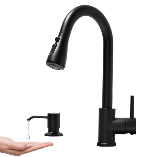VFAUOSIT Kitchen Faucet with Pull Down Sprayer and Soap Dispenser, Black | 3 Spray Modes, 19.5-Inch Pull-Out Hose, 360° Swivel, cUPC/CEC Certified, SUS304 Steel, 15-Minute DIY Installation - color: Matte Black-06