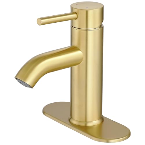 Bathroom Faucet Brushed Gold Modern Bathroom Sink Faucet, Single Handle Faucet for Sink, Vanity, RV, Lavatory, Suitable for 1 or 3 Holes, with Supply Deck Plate and Hose - color: Brushed Gold, size: Short