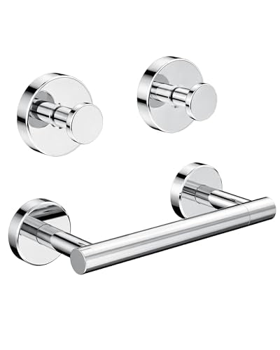 RARXTR 3PCS Bathroom Hardware Set, Polished Chrome Wall Mounted Toilet Paper Holder, 2 Suction Cup Towel Hooks, Bathroom Accessories SUS 304 Stainless Steel, Rust-Proof, Modern - color: Polished Chrome