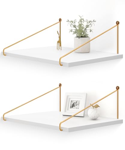 Afuly Floating Shelves for Wall, 12 Inch Deep Gold White Shelf, Set of 2 | Solid Wood and Metal, Hanging Bookshelf with Brackets, Plants Photos Display, for Bathroom, Kitchen, Living Room, Bedroom - color: White & Gold, size: 11.7"D x 16.5"W
