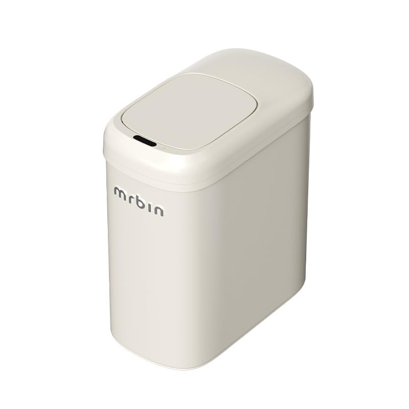 MRBIN Motion Sensor Adsorption Bag Bathroom Trash Can with Lid and Wheels, 10L/2.6gal Automatic Waste Basket Slim Electric Metal Garbage Bin for Office, Bedroom, Rv, Cream White