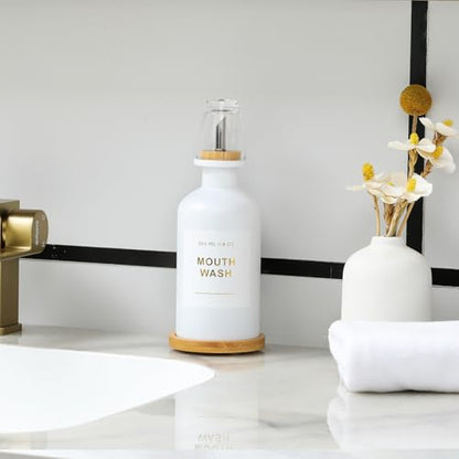 11.8OZ Mouthwash Dispenser for Bathroom, White | Bamboo & Stainless Steel Pour Spout, Mouthwash Cup Reusable, Bamboo Tray, Elegant Gold Label - color: White/350*1