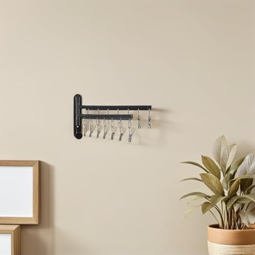 OSALADI Wall Mounted Utility Rack with 2-Tier Stainless Steel Multi Bar and 360° Rotating Arms, Black Clothes Drying Rack with No-Drill Installation and Strong Loadbearing for Laundry