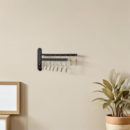 OSALADI Wall Mounted Utility Rack with 2-Tier Stainless Steel Multi Bar and 360° Rotating Arms, Black Clothes Drying Rack with No-Drill Installation and Strong Loadbearing for Laundry