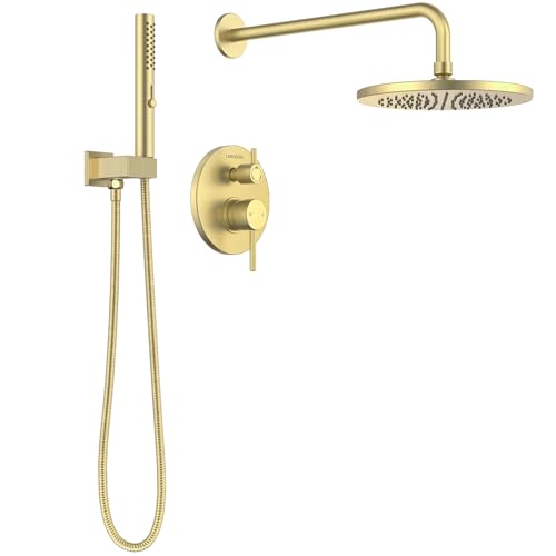 Lava Odoro Modern 2-Setting Round Rain Shower System, Gold Rainfall Shower Faucet Set Rain Shower Head and Handle Set, Shower Valve Trim Kit, 10 Inch, Brushed Gold, SF104-SG - color: Brushed Gold, style: Without Tub Spout