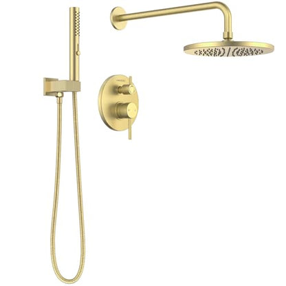 Lava Odoro Modern 2-Setting Round Rain Shower System, Gold Rainfall Shower Faucet Set Rain Shower Head and Handle Set, Shower Valve Trim Kit, 10 Inch, Brushed Gold, SF104-SG - color: Brushed Gold, style: Without Tub Spout
