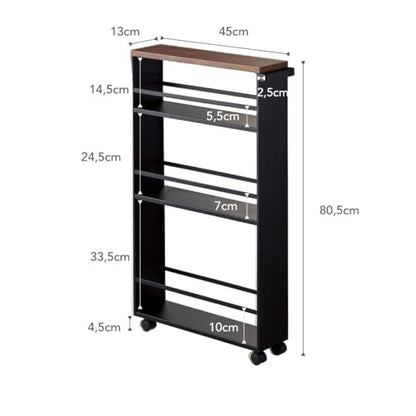 YAMAZAKI home Tower Rolling Slim Storage Cart With Handle Black | Narrow kitchen storage cabinet with built-in handle. Slim rolling storage cart with wheels. Easy assembly. Keeps items tidy. - color: Black