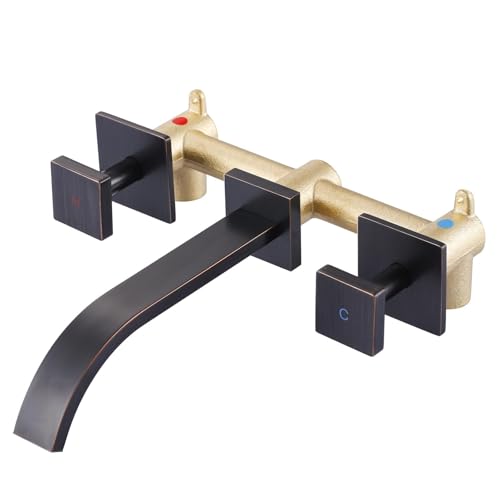 ALEASHA Wall Mount Bathroom Faucet 3 Hole Oil Rubbed Bronze Bathroom Faucet | Waterfall Bathroom Faucet with Two Handles, Brass Bathroom Sink Faucet with Rough-in Valve, Vessel Sink Faucet for Vanity - color: Oil Rubbed Bronze