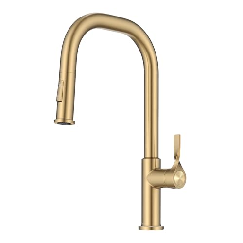 KRAUS Torak Pull Down Kitchen Faucet in Spot-Free Brushed Brass with 2 Function Sprayer, Pre-Attached Water Lines, and Mounting Hardware, KPF-2841SFBB - color: Spot Free Brushed Brass, style: Pull-Down Square Arc Faucet