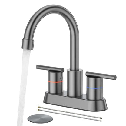 Faustina Gery Bathroom Faucet, 4 Inch Centerset Faucet for Sink 2 Holes 3 Holes，Two Handles 304 Stainless Steel with Pup up Drain Assembly and 2 Water Supply Lines for RV Vanity - color: Gery, style: Modern Centerset