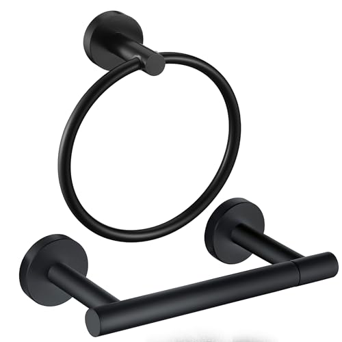 Matte Black Flip Toilet Paper Holder and Hand Towel Ring Set 2 Pieces Bathroom Hardware Accessories Set SUS 304 Stainless Steel Heavy Duty Wall Mounted Bathroom Holder - color: Black