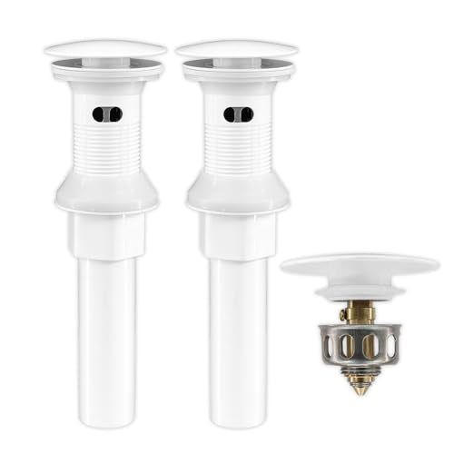 Bathroom Sink Drain,2 Pack White Drain Stopper Bathroom Sink with Overflow,Pop Up Drain Assembly with Detachable Strainer Basket,Built-in Anti-Clogging, Stainless Steel Nut - color: 2 Pack-white-big Cap, style: With Overflow