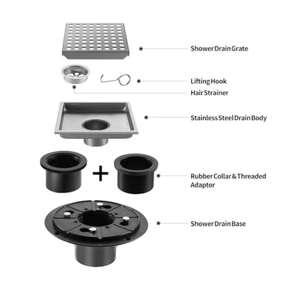 Shower Drain, Chrome 6 inch Square Shower Floor Drain with Flange, Silver Removeable Grid Panel SUS 304 Stainless Steel Square Shower Drain - color: Chrome, size: 6 inch