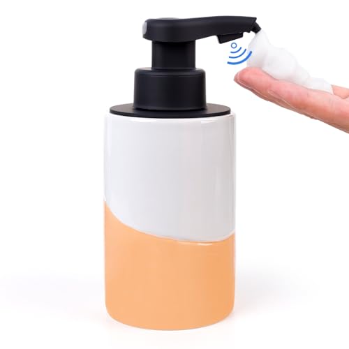 BosilunLife Automatic Soap Dispenser Ceramic Hand Free Soap Dispenser with Waterproof Pump Rechargeable Smart Electric Soap Lotion Dispenser Touchless for Kitchen Bathroom (White-Orange, Foam Pump) - color: White-orange(foam)
