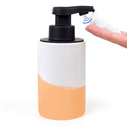 BosilunLife Automatic Soap Dispenser Ceramic Hand Free Soap Dispenser with Waterproof Pump Rechargeable Smart Electric Soap Lotion Dispenser Touchless for Kitchen Bathroom (White-Orange, Foam Pump) - color: White-orange(foam)