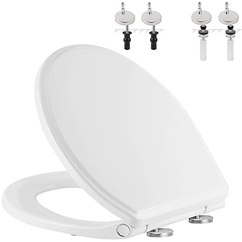 Hibbent Premium Round Toilet Seat with Cover Quiet Close, One-Click to Quick Release, Easy Installation Non-Slip Seat Bumpers, Slow Close Toilet Seat and Cover, Easy Cleaning-White Color - style: 16.5'' Round