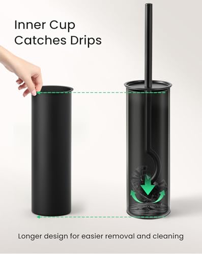 Cesun 304 Stainless Steel Toilet Brush and Holder Set, 2 Brush Heads, Black | S-Shaped Deep Cleaning, Scratch-Free Nylon Bristles, Long Handle & Splash Guard, Replaceable Brush Head - color: Black