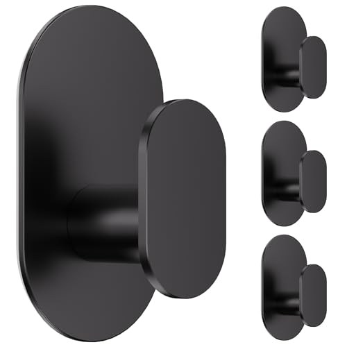 Aikzik Adhesive Towel Hooks - 4 Pack 26LB Extra Strong Heavy Duty Wall Hooks for Bathroom/Shower Door Hanging Coat, Robe, Towel, Dogs' Leads and Collars (Matte Black, Stainless Steel) - color: Black-4