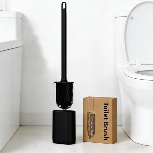 Silicone Toilet Brush and Holder Set, Flexible Toilet Bowl Brush Head with Silicone, Long Handle, Wall Mounted with Removable Anti-Leakage Base, Soft Bristles for Bathroom Deep Cleaning (Black) - color: Black