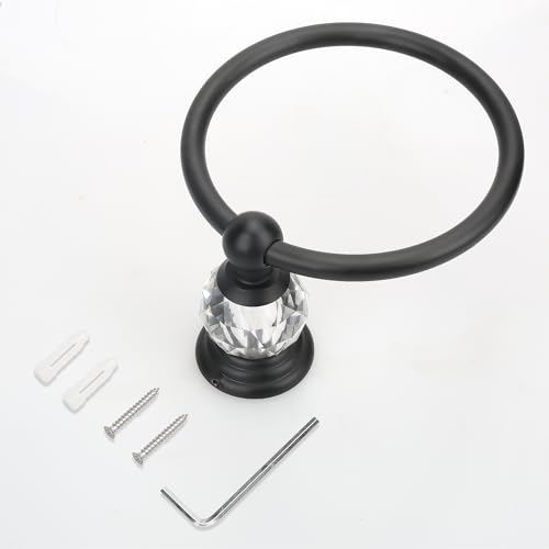 Black Crystal Towel Ring, Bathroom Towel Holder Ring, Matte Black Bathroom Towel Rack Hanger Home Hand Towel Ring Towel Holder for Bathroom Wall Mounted Bathroom Accessory - color: Black