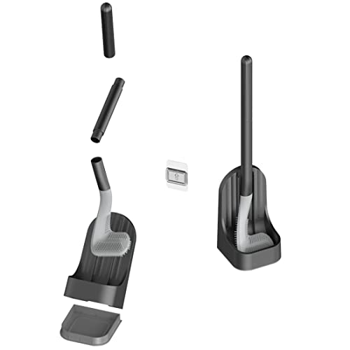 Toilet Brush, Long Handle Golf Toilet Brush with Holder 360° Deep Cleaning Flexible Silicone Toilet Cleaner Brush Wall Mounted for Bathroom (Black) - color: Black