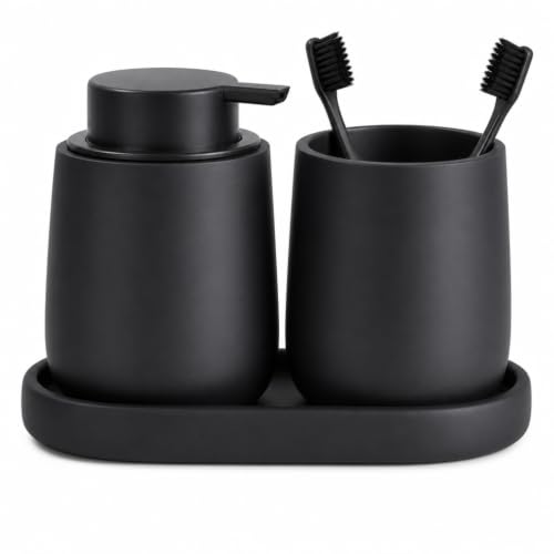 Ceramic Bathroom Accessories Set, 3 Pieces with Soap Dispenser, Toothbrush Holder, and Cup, Matte Black, Polished Finish (Balck) - color: Balck