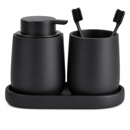 Ceramic Bathroom Accessories Set, 3 Pieces with Soap Dispenser, Toothbrush Holder, and Cup, Matte Black, Polished Finish (Balck) - color: Balck