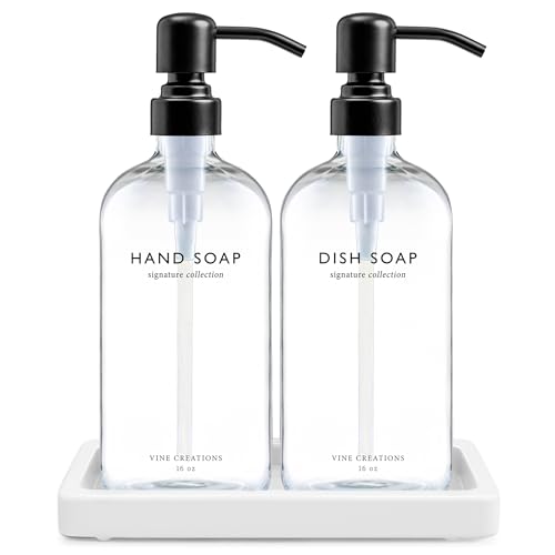 Vine Creations Glass Soap Dispenser Set, Kitchen Soap Dispenser Set with Ceramic Tray, 16 oz Dish Soap and Hand Soap Dispensers with Stainless Steel Pump Decor (Clear Bottle/Matte Black) - color: Clear Bottle / Matte Black Pump