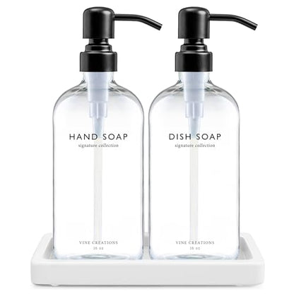 Vine Creations Glass Soap Dispenser Set, Kitchen Soap Dispenser Set with Ceramic Tray, 16 oz Dish Soap and Hand Soap Dispensers with Stainless Steel Pump Decor (Clear Bottle/Matte Black) - color: Clear Bottle / Matte Black Pump