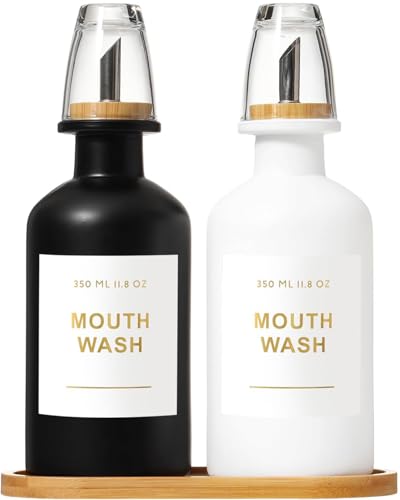 11.8OZ Mouthwash Dispenser, Set of 2 (Black/White) | Bamboo & Stainless Steel Pour Spout, Mouthwash Cups Reusable, Bamboo Tray, Elegant Gold Label - color: Black/White/350*2
