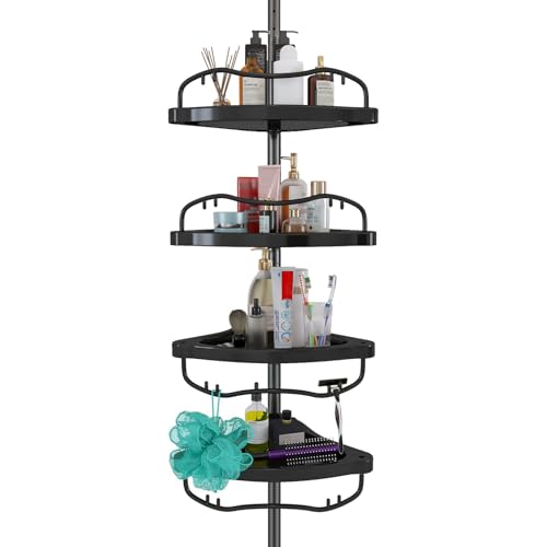 Shower Caddy,Shower Caddy Tension Pole with 4 ABS Baskets,Shower Storage Shelf with 56 to 125 Inch Adjustable Stainless Pole for Bathroom Black - color: Black