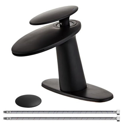 Matte Black Waterfall Bathroom Sink Faucet and Pop Up Drain Assembly - color: Matte Black, size: Short Body