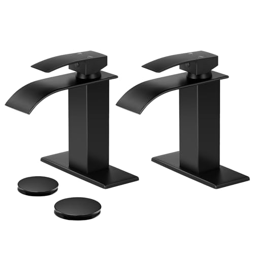 Bathroom Faucets Matte Black Waterfall Bathroom Sink Faucet 2 Pack | with Pop-up Drain & Deck,Supply Hoses,Single Handle Vanity Faucet,Stainless Steel,1 or 3 Hole,RV,Farmhouse Bathrooms - color: A-Matte Black x 2, style: Short