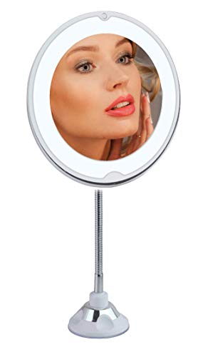 Flexible Gooseneck LED Lighted 10X Magnifying Makeup Mirror with Power Locking Suction Cup, Bright Diffused Light and 360 Degree Swivel, Portable Cordless Travel and Home Bathroom Vanity Mirror