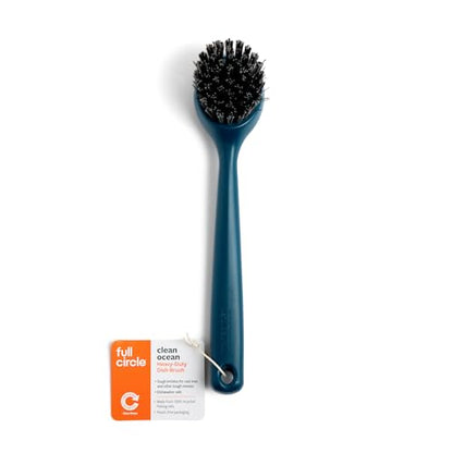 Full Circle Clean Ocean, Heavy Duty Dish Brush, Tough Bristles and Built-in Scraper, Perfect for Cast Iron, Sustainably Made 100% from Recycled Ghost Fishing Nets - size: Heavy-Duty Dish Brush