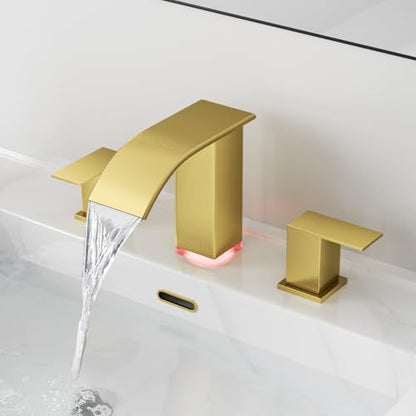 RUMOSE LED Bathroom Faucets Set 3 Hole Vanity Faucet with Pop Up Drain | Brushed Gold Bathroom Sink Faucet, Widespread Waterfall, 3 Colors Light Changing, Stainless Steel, Deck Mounted - color: Brushed Gold