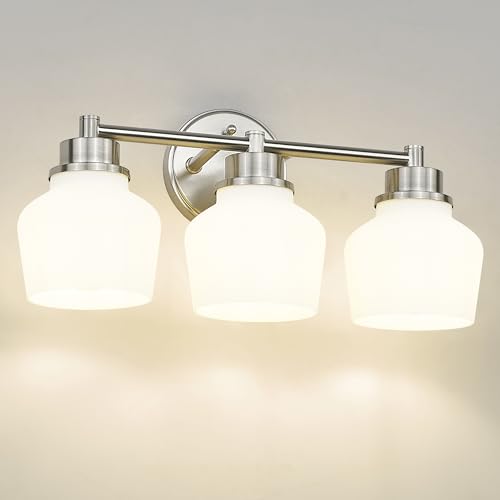 Emak Brushed Nickel Vanity Lights, Modern Milk Glass Bathroom Light Fixtures, 3-Light Bathroom Vanity Light Over Mirror, VL122-BN-ML-3 - color: Brushed Nickel & White Glass, size: 3 Light