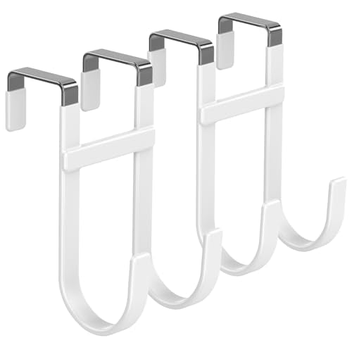 FYY Over the Door Hooks, Double-Hanger 2 Pack, Fits Doors 1 3/8" White | Heavy Duty Metal, Hold 100lbs, Rubber-Coated, No-Drilling, for Bathroom Dorm, Hanging Clothes Towels Bags Ironing Board Robe - color: White, size: 5.12" Long, Fit Interior Doors Up t