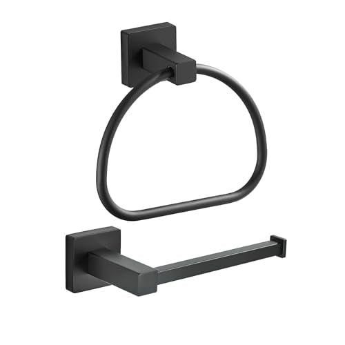 Leyden Black Toilet Paper Holder Towel Ring, Matte Bathroom Hand Towel Holder Toilet Roll Holder, Modern Bath Hardware Set Wall Mounted Stainless Steel 2 Pieces - color: Black Square Bottom