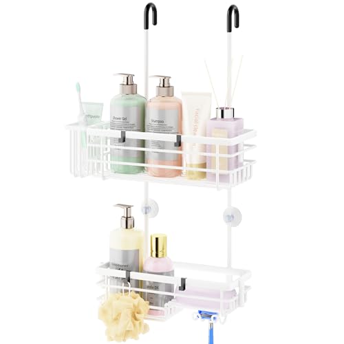 HapiRm Hanging Shower Caddy Organizer - No Drilling Shower Shelves with Hooks and Toothbrush Holder, Rustproof 304 Stainless Steel Bathroom Organizer - White - color: White